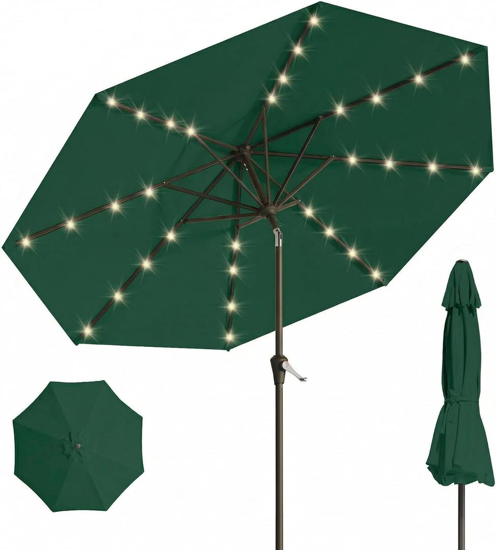 10FT Solar Umbrella 32 LED Lighted Patio Umbrella Table Market Umbrella w/Tilt and Crank, UV-Resistant Outdoor Umbrella for Pool, Garden, Deck, Forest Green