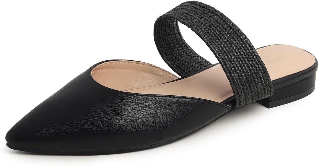 FEVERSOLE Women's Pointed Toe Fashion Mules Low Heel Flats Casual Summer Slide (8.5, Black Vegan Leather Raffia Strap)