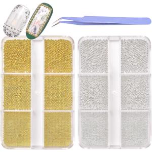 2Pcs Mini Nail Art Stainless Steel Beads Nail Art Decorations Nail Art Charms, Gold Silver Small Caviar Nail DIY Beads Nail Jewelry for Nail Salons and Home Use, with Purple Tweezers (2 Color Set)