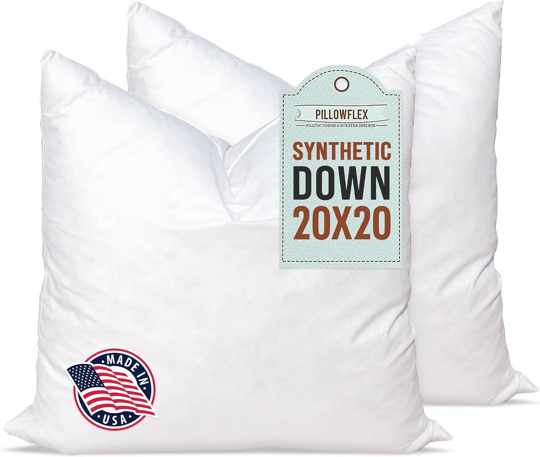 Pillowflex Synthetic Down Alternative Pillow Inserts for Shams - Comfy Pillows for Sleeping, Perfect Pillow & Best Sleeping Pillows, Handmade Down Alternative Throw Pillow Inserts - (20x20 Set of 2), 20 Inch By 20 Inch X 2