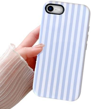 Compatible with iPhone SE /8/7 Cute Phone Case,Striped Aesthetic Pattern Design,Scratch Resistant Hybrid 2-Layer Shockproof Protective Cover for Girls Women-Blue