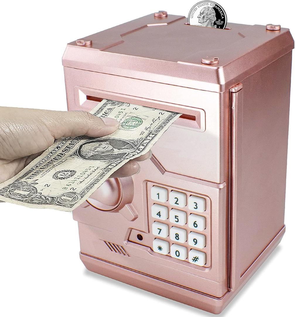 Mini ATM Piggy Bank ATM Machine Best Gift for Kids,Electronic Code Piggy Bank Money Counter Safe Box Coin Bank for Boys Girls Password Lock Case (Rose Gold)