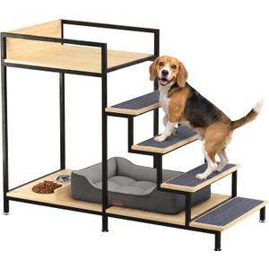 Elevated Dog Bed - Dog Stairs with Platform - Dog Beds & Cat Beds | 46.5" Tall, Natural Wood, Raised Dog Couch, Feeding Station, Bunk Bed, Cat Stairs, Orthopedic, Dachshund, Golden Retriever