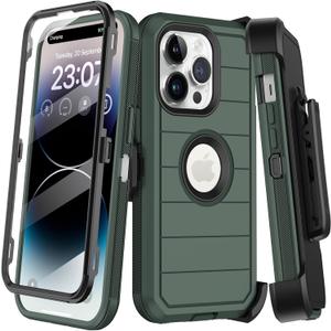 for iPhone 14 Pro Max Case with Belt Clip Holster,Built-in Screen Protector,Heavy Duty Shockproof Drop Proof Military Grade Protective Cover with Kickstand for Apple 14 Pro Max (Dark Green)