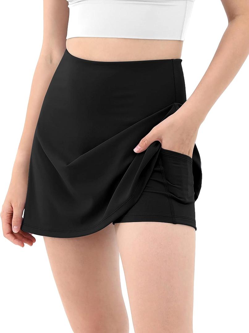 ODODOS Women's Athletic Tennis Skorts with Pockets Built-in Shorts Golf Active Skirts for Sports Running Gym Training, Black, Large