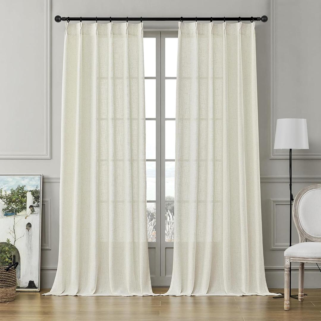MASWOND Extra Long Sheer Linen Curtain 132 Inches 2 Panels, Pinch Pleated 2 Story Curtains for Living Room Back Tab Light Filtering Farmhouse Pleat Linen Drapes for High Ceiling, Natural W38xL132 (38"W x 132"L (Pack of 2))