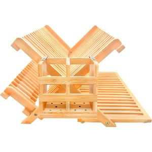 Bamboo Dish Drying Rack with Utensil Holder Set,3-Tier Collapsible Wood Dish Drying Rack for Kitchen,Folding Bamboo Drying Rack with Utensils Flatware Holder,Space-Saving Storage