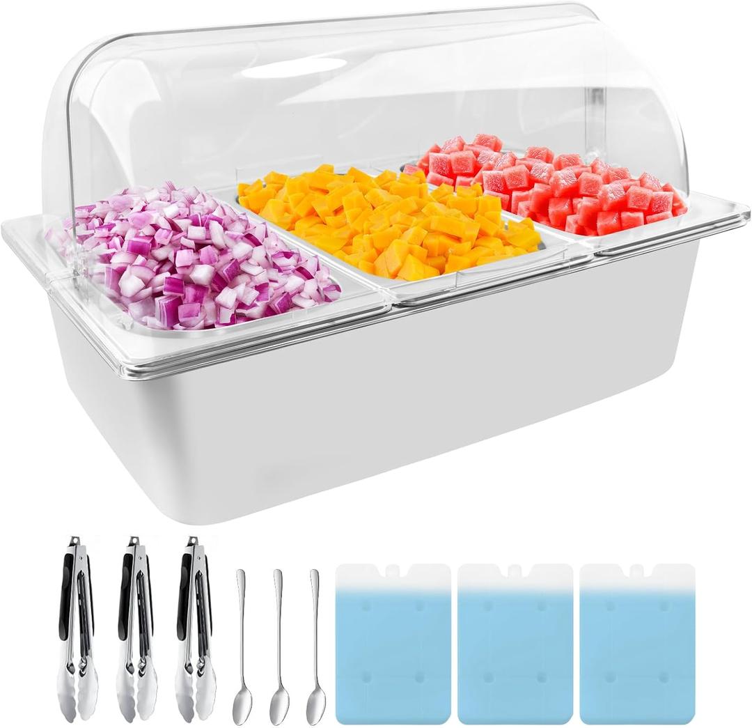 Countertop Food Serving Display Container with Clear Roll Top Cover, Catering Supplies Buffet Display, Perfect Salad Bar Buffet Station for Home and Catering Supplies, Cold Food Buffet Server(3 Pan), 21" x 13" x 13"