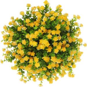 Momkids 4 Pcs Sprlng Artifical Flower Outdoor UV Resistant Fake Plant Faux Plastic Floral Greenery Shrubs Hanging Plant Plantr for Home Office Balcony Window Box Garden Party DecorationYellow (4 Bunches)