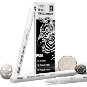 JusArt 3 Pack White Permanent Markers, 0.7mm Fine Point Acrylic Paint Pens for Rock Painting, Art Projects, Ceramic, Glass, Wood, Metal, Fabric, DIY, Ideal White Acrylic Marker for Art Supplies