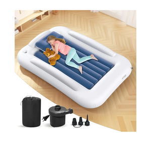 Inflatable Toddler Travel Bed - 60 Inches Portable Toddler Bed for Travel with Safety Sides - Cozy Kids Air Mattress Set with Built-in Electric Pump & Carry Case- Easy to Inflate - Sea Blue