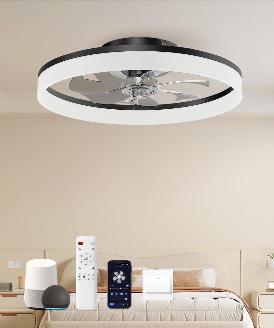 Smart Ceiling Fans with Light and Remote,20" Low Profile Ceiling Fan with 6-Speed & Dimmable LED, Alexa/APP Home Voice Control, App, Reversible Airflow, App Timer, for BedroomBlack