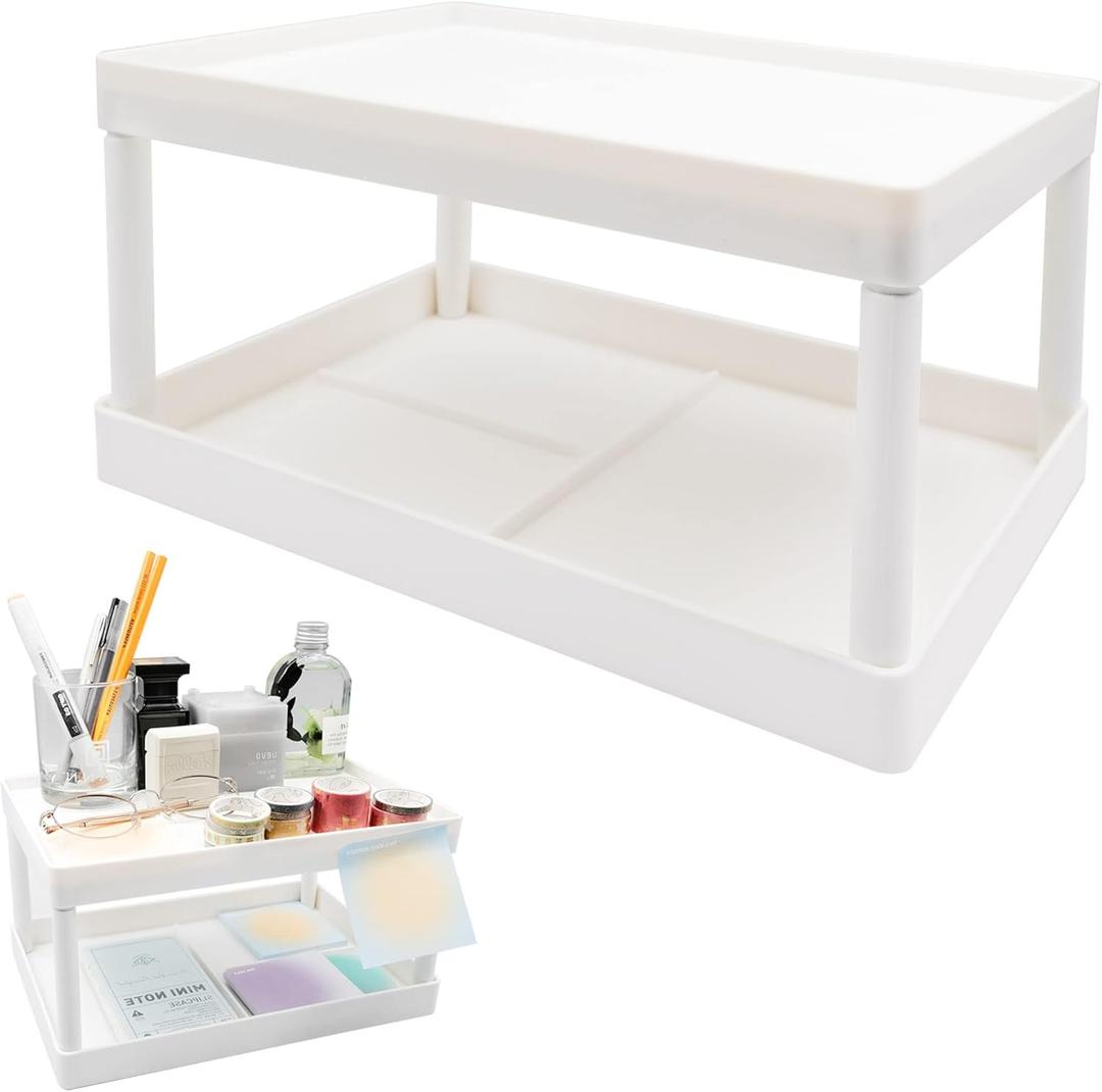 souG Desktop Storage Rack Organizer for Kitchen Bathroom Office Dorm - Double-Layer Cosmetic Stationery Storage Holder and Table Sundries Display Shelf - White