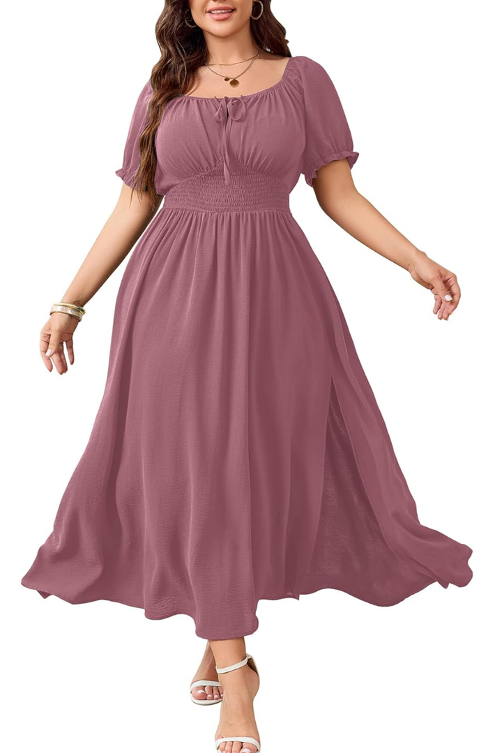 Women's Plus Size Maxi Dress Short Sleeve Smocked Square Neck Tie Front Split A-Line Flowy Long Dresses 2 XL