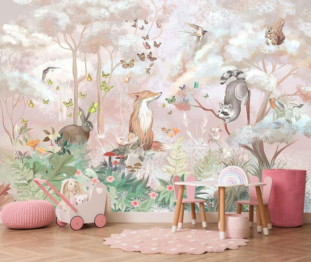 Kids Safari Wallpaper Butterfly Fox Forest Animal Wallpaper Mural with Pink Background for Girl's Room Decoration(Not Self-Adhesive) (170" x 120")