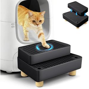 Extra Large 2 Steps Cat Litter Box Step Ramp, Cat Litter Catcher Mat with Wooden Feet, Filter Function, Cat's Pedal Stool for Self-Cleaning Litter, Suitable Kitten & Elderly Cats (Black)