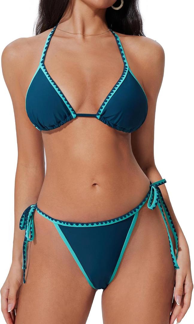 SUUKSESS Women Cheeky Halter String Bikini Sets Sexy Triangle Two Piece Swimsuit (Blue, XL)