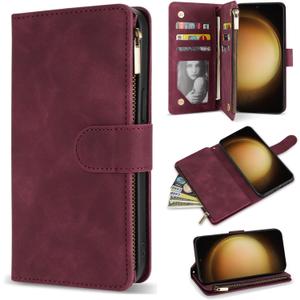 ZZXX Samsung Galaxy S23 Wallet Case with RFID Blocking Card Slot PU Leather Zipper Flip Folio with Strap Kickstand Protective Cover for Samsung Galaxy S23 Case Wallet(Wine Red-6.1 inch)