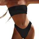 YIMISAN Women's Two Piece Bandeau Swimsuit Ribbed Strapless Tube Bikini Top with Mid Waist Cheeky Bottom Bathing Suit (Medium, Black)