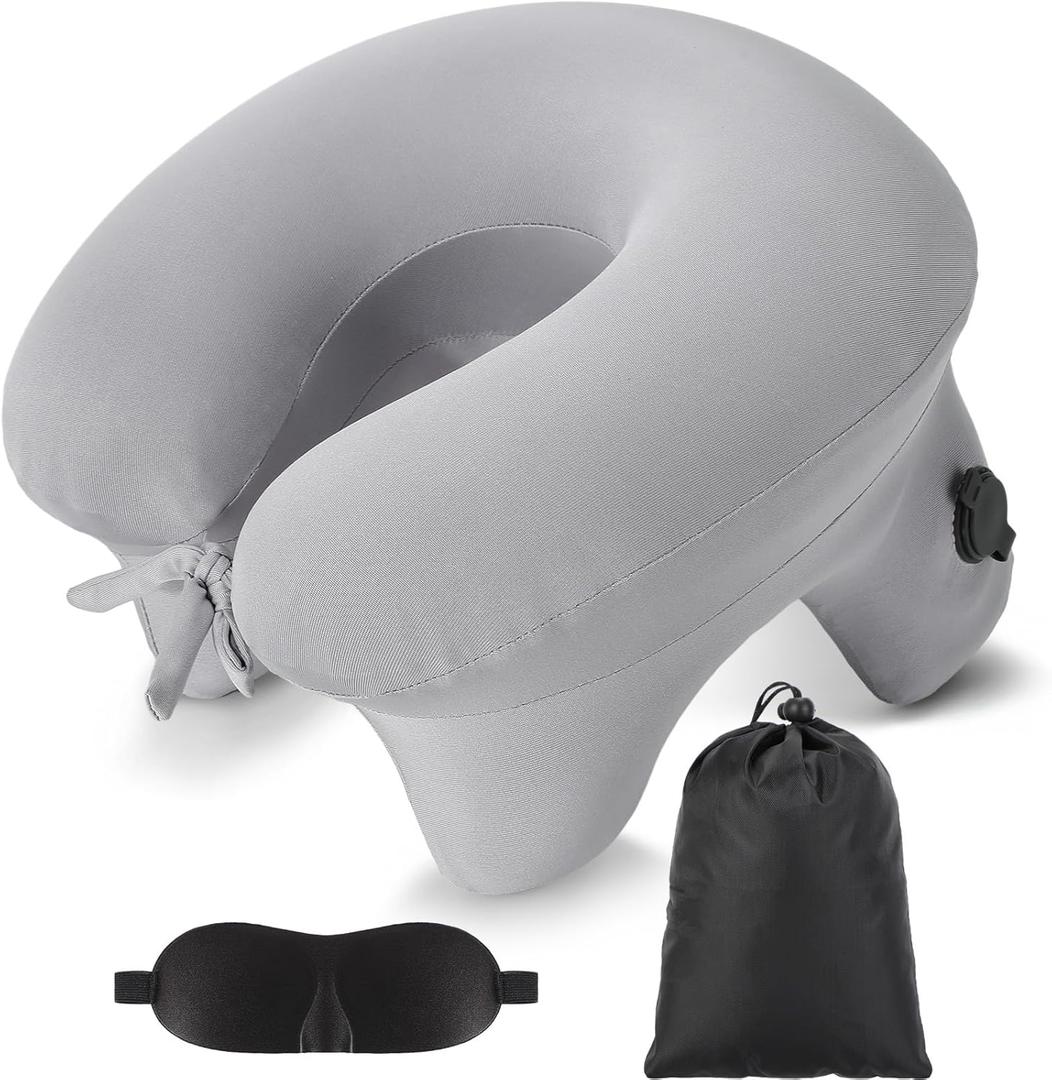Geelin Inflatable Travel Pillow for Airplane Lightweight Table Inflatable Neck Supports Head and Chin with Compact Bag and Blindfold U Shaped Pillow for Traveling, Train, Car, Office Table(Grey)