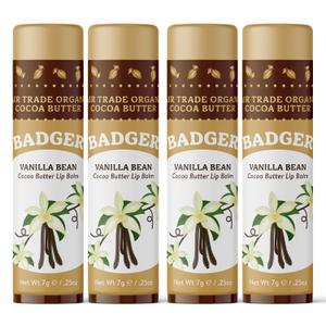 Badger Vanilla Bean Cocoa Butter Lip Balm, Long Lasting Hydrating Lip Care, 100% Organic Lip Balm, Large Size Stick, 4-pack