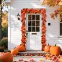 SHareconn 6ft Fall Garland with Lights, Autumn Leaves Garland with Realistic Pumpkins, Thanksgiving Christmas Decorations for Mantle Home Wedding Table Porch Indoor Outdoor, Orange, 6 FT
