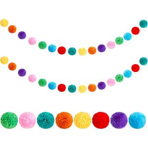 Boao 2 Pcs 78 Inch Colorful Pom Pom Garland Large 3 Inch Yarn Ball Garland 32 Rainbow Balls Birthday Hanging for Christmas Classroom Boho Decor Wedding Thanksgiving Party Decorations(Rainbow Color)