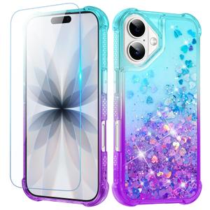 Ruky for iPhone 17 Case for Girls Women, Glitter Flowing Quicksand Sparkle Case with Screen Protector Soft TPU Protective Women Phone Case for iPhone 17 6.3 inches, Teal Purple