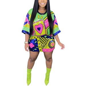 Fawjsais Women's Half Sleeve Dress O Neck Printed Sequins Mini Dress Loose Casual Sexy Nightclub Party T-Shirts Tops Dress (Medium)