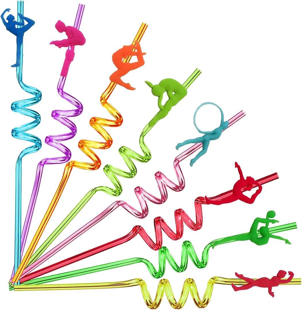 24pcs Reusable Gymnastics Party Straws,Cartoon Dance Aerobics Decoration Straws For Gymnastics Disco Party Favors Birthday Party Decorations With 2 Brushes 8Color Straws