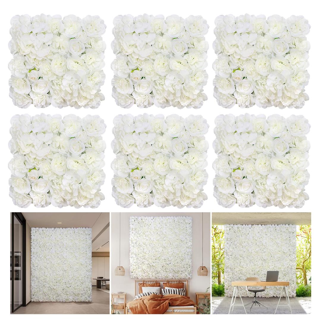 RIDDSEE 6pcs Flower Wall Backdrop 16.5 x16.5 Artificial Floral Panels-White | Mixed artificial Floral Design,Full & Layered Flowers,easy to assemble, reusable,.Suitable for weddings,Party,home décor