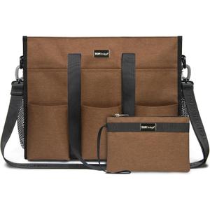 TOPDesign Utility Water Resistant Tote Bag with 22 Pockets, Top Zipper Closure & Thick Bottom Support, for Working Women (Large, Brown)