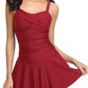 SHEKINI Women's Crossover Ruched Skirt One Piece Swimdress Swimsuit Bathing Suit (Wine Red)