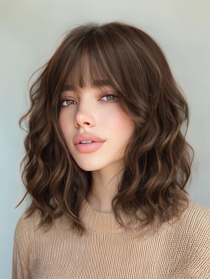 AISI HAIR French Caramel Balayage Brown Synthetic Wavy Curly Bob Wig with Bangs Short Wavy Hair for Women Synthetic Heat Resistant Bob Wigs