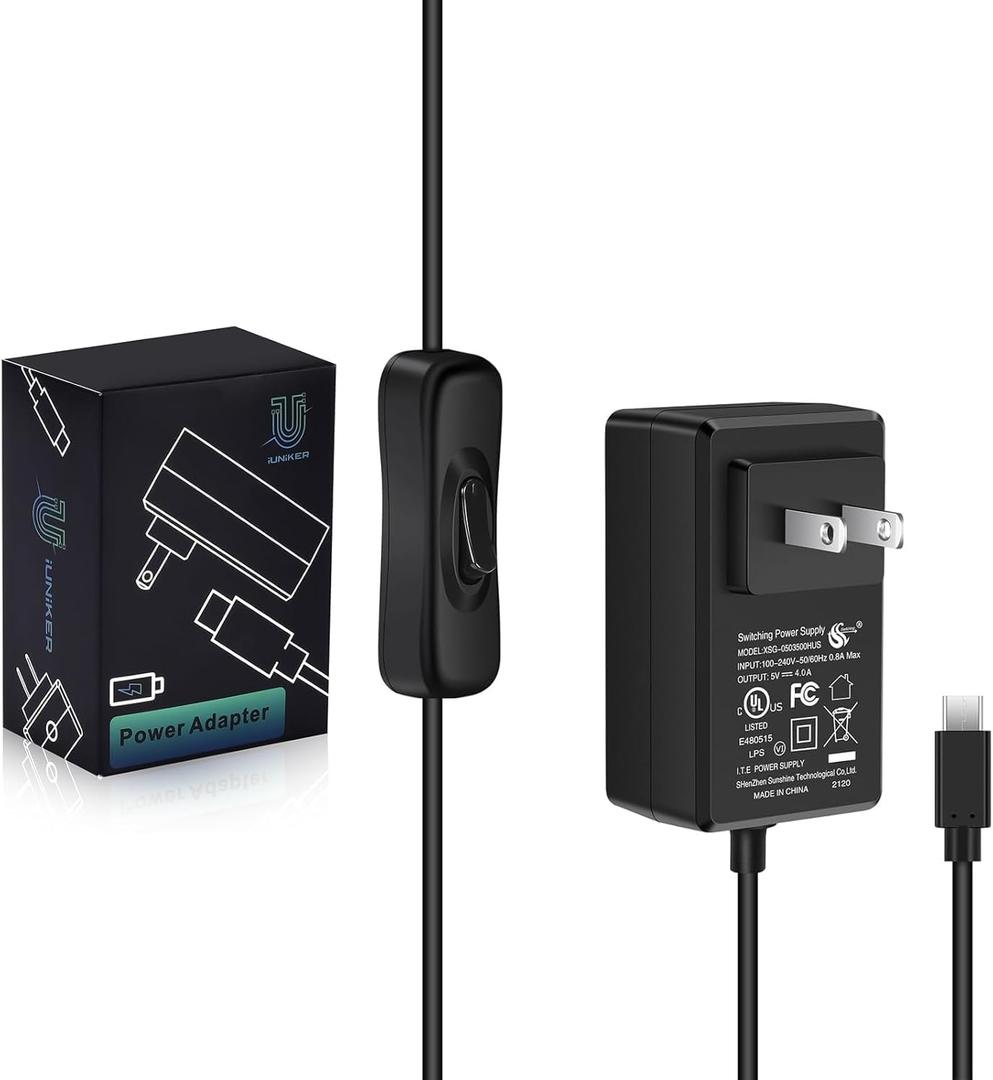 iUniker 5V 4A USB-C Power Supply for Raspberry Pi 4, 20W Charger with ON/Off Switch, 5ft Cable, UL Listed - Compatible with Pi 4 Model B (8GB/4GB/2GB/1GB) & Orange Pi 5/5B