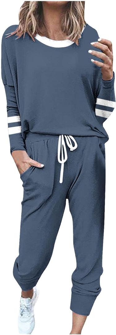 Womens 2 Piece Outfits Casual Color Block Lounge Set Crewneck Long Sleeve Tops and Pants Tracksuit for Airport Travel
,XL