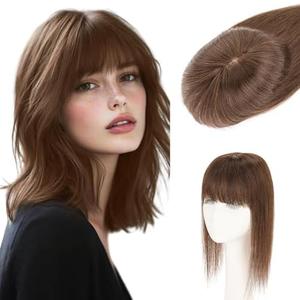 S-noilite Hair Toppers for Women Real Human Hair, 100% Human Hair Toppers with Bangs for Thin Hair,3.5"*4.7" Handmade Nature-mimicking Scalp Base 10” Dark Brown
