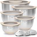 Mixing Bowles Set with Lids Set - Warp-Proof TPR-AS Lids, Stainless Steel Mixing Bowl with 3 Graters & Measuring Lines, Non-Slip Bowls for Baking, Prep, Airtight Food Storage (Khaki 5/3/2/1.5/0.63QT)