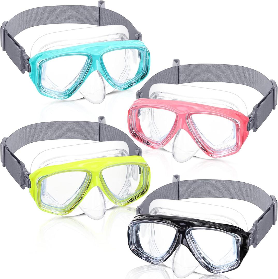 Flutesan 4 Pcs Kids Youth Swim Goggles with Nose Cover Elastic Strap Diving Swim Mask Swimming Waterproof Snorkel Goggle (Black, Pink, Green, Yello)