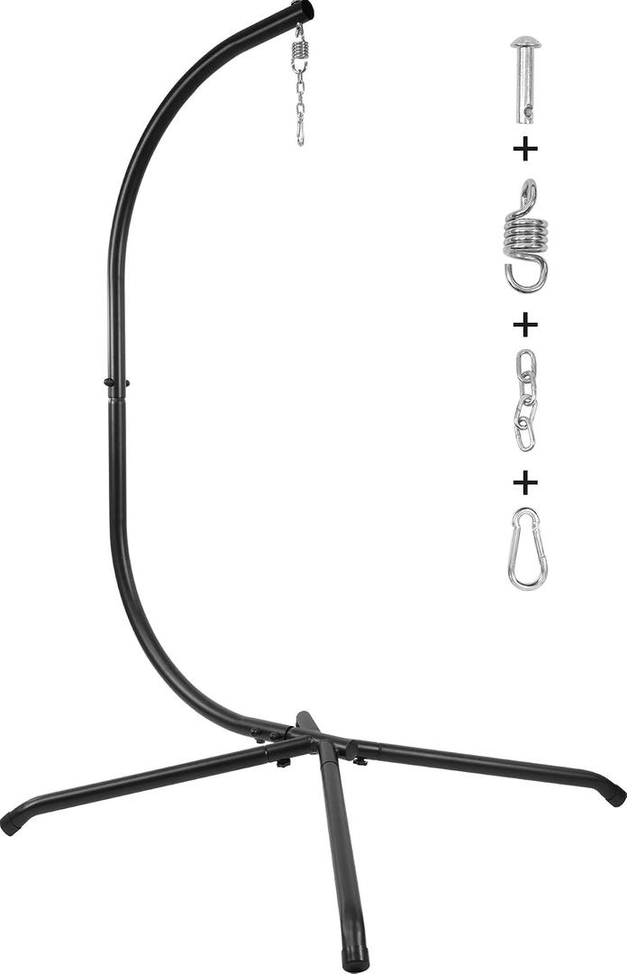 Elevon Hammock Chair Stand Only, Hanging Hammock Swing Stand for Outside with Buckle and Spring Hook, 400lb Capacity Heavy Duty Steel C-Stand with Stable Base for Egg Chair Outdoor Indoor (Black)
