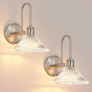 Wall Sconce Set of 2, Nickel Vintage Light Fixtures with Round Clear Glass Lampshade, Hardwired Sconces Wall Lighting for Bedroom, Bathroom, Living Room | Includes 2 LED Bulbs