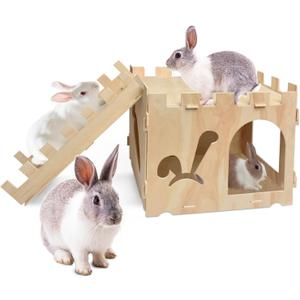Large Wooden Sturdy Rabbit Houses and Hideouts, Detachable Bunny House Indoor Rabbits Castle Play House with Stairs for Rabbit Guinea Pig Chinchilla