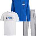 PUMA Boys Sweat Suit Set - 3 Piece Zip Up Hoodie, Graphic Tee and Athletic Fleece Jogger Sweatpants For Boys Set (8-16) (Blue/White/Grey)
