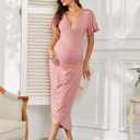 AISWI 2025 Womens Maternity Wrap Dress V Neck Ruffle Sleeves Semi Formal Baby Shower Photoshoot Party Cocktail Pregnancy (Pink, S)