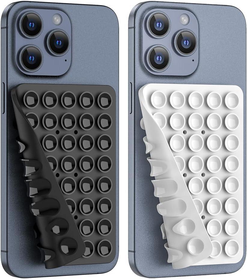 Double Sided Silicone Suction Phone Holder Mount, Silicon Accessory for iPhone and Android, Hands-Free Mirror Shower Phone Holder, TikTok Videos and Selfies (Black+White)