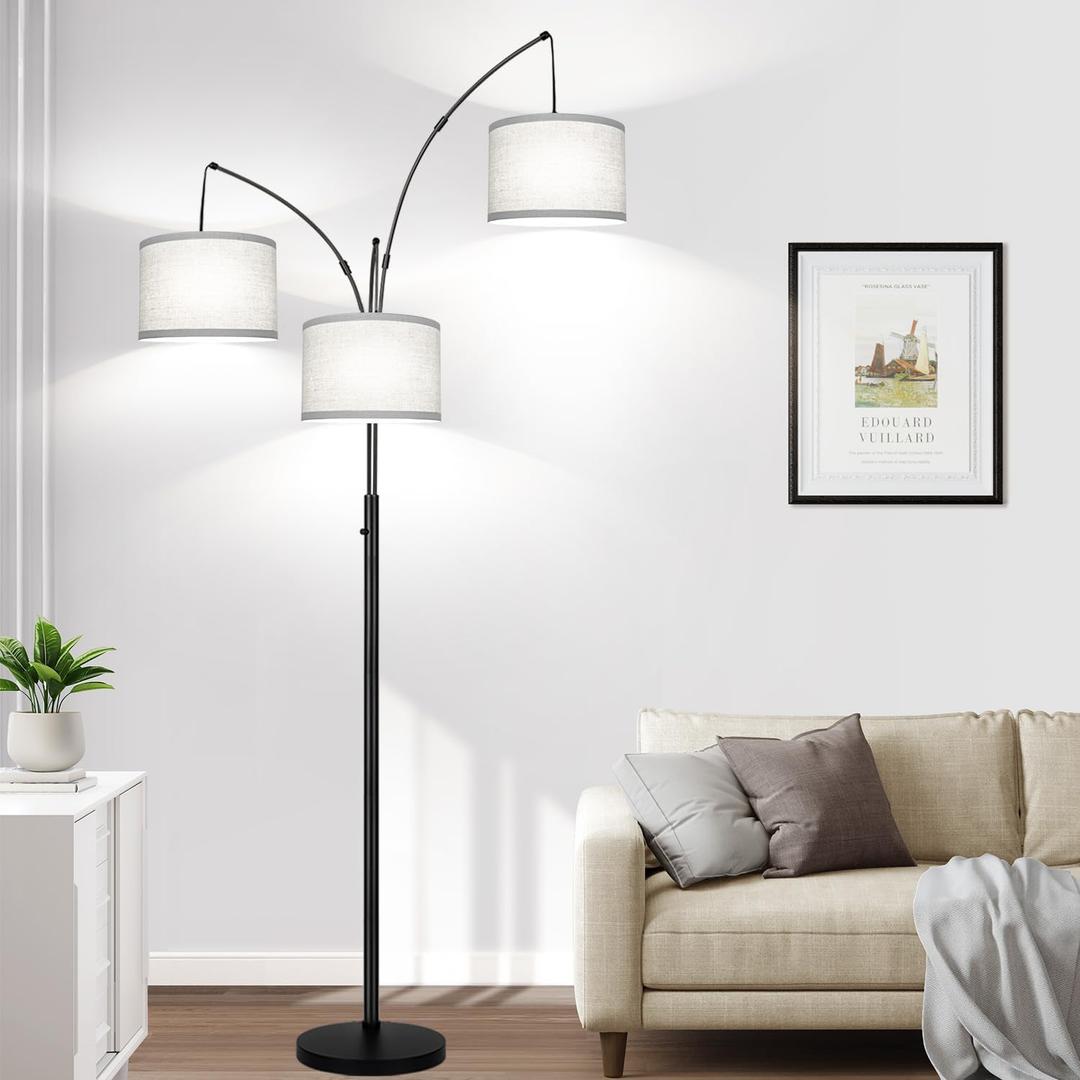 Dimmable Floor Lamp, 3 Lights Arc Floor Lamps for Living Room, Modern Tall Standing Tree Lamp with Gray Linen Shade & Heavy Base, Large Floor Lamp for Bedroom Office, 3x1000 LM LED Bulbs Included (Matte Black-Gray Linen Shades)