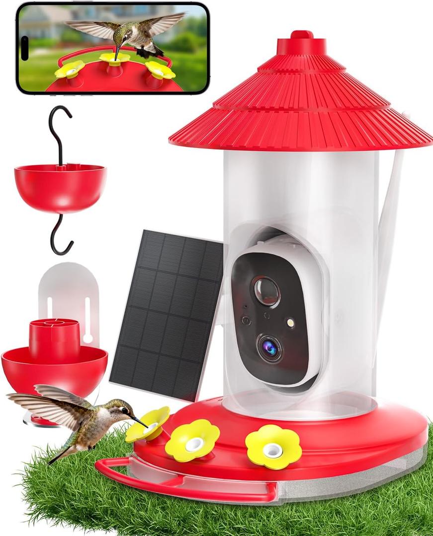 NAVFS Smart Hummingbird Feeder with Camera, 2K AI-Powered Outdoor Hummingbird Camera Feeder with Solar Panel, Auto Capture Videos & Motion Detection, Ideal Gift for Bird Watchers-Red