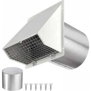 Shimeyao 6 Inch Wall Vent Cover - Hooded Dryer Vent Cover Outside with Damper and Screen White Wall Cap for Exterior Kitchen Range Hood Ventilation Dryer HVAC Duct Air Exhaust