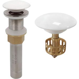 Vessel Sink Drain Without Overflow, White Pop-Up Drain with Basket Stopper, Bathroom Vanity Ceramic Brass Strainer Hair Catcher, Anti-Clogging Brushed Nickel, Porcelain Cap