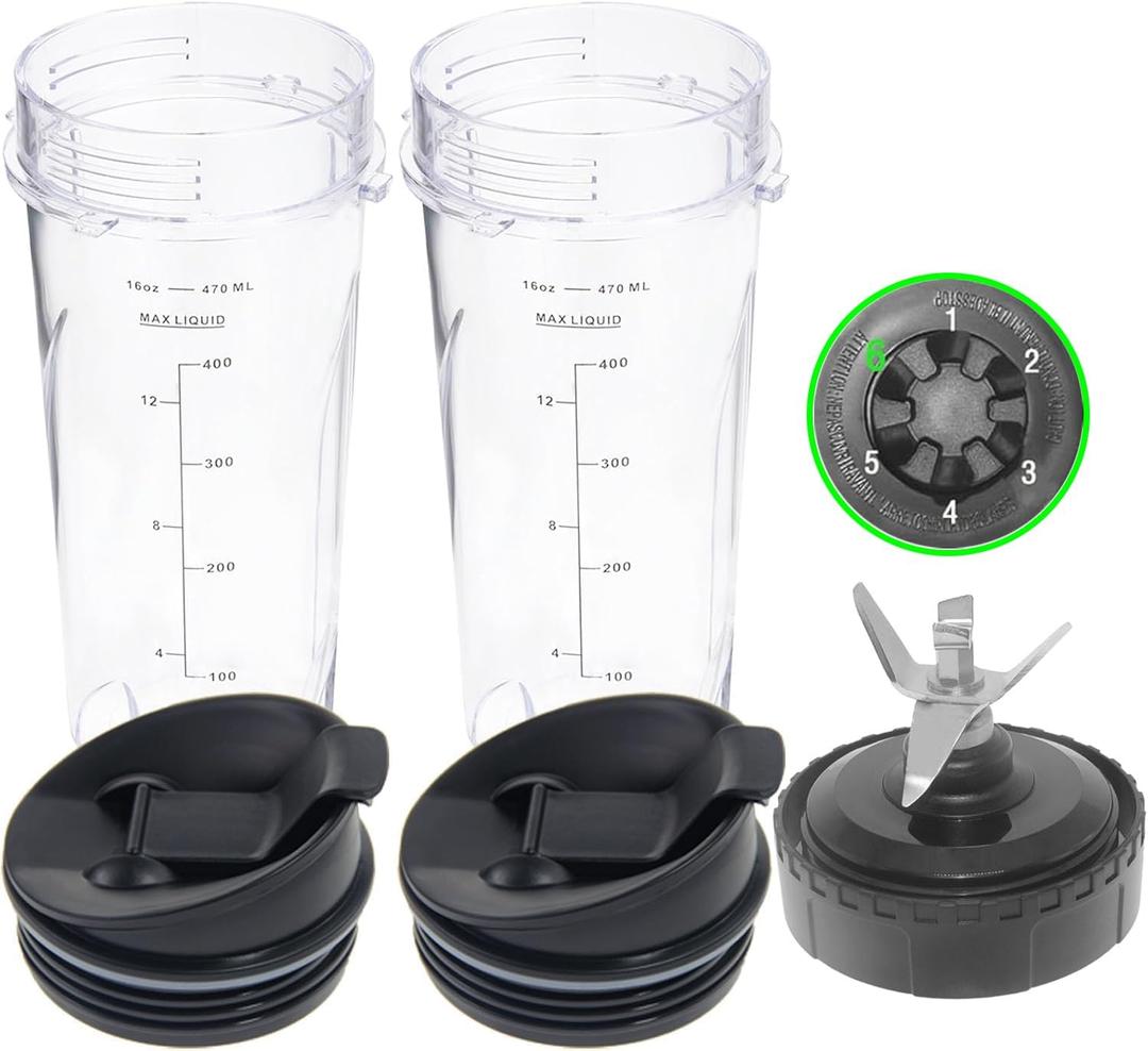 Ninja Blender Replacement Parts Compatible with BL770 BL660 BL663 BL663CO BL665Q BL740, 2 Pack Single Serve Ninja Blender 16oz Cups with Sip & Seal Lids &6 Fins Ninja Blender Blade Assembly